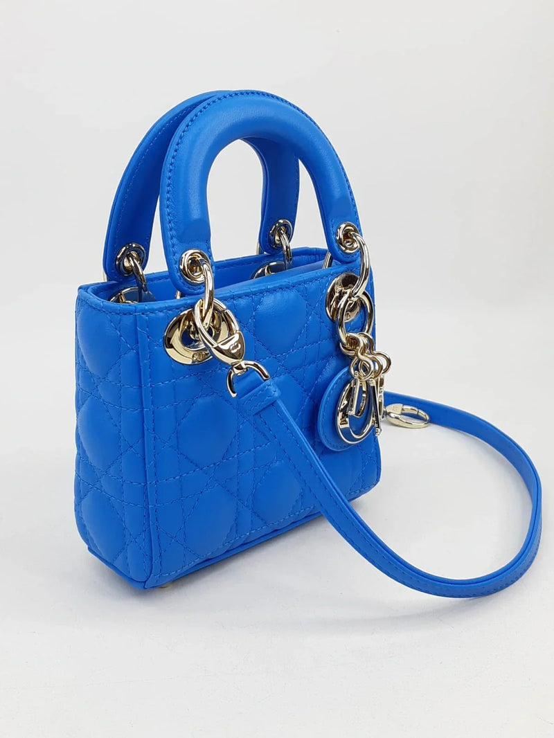 Bolsa Christian Dior Micro Lady Dior em Cannage Azul - Condição: Boa