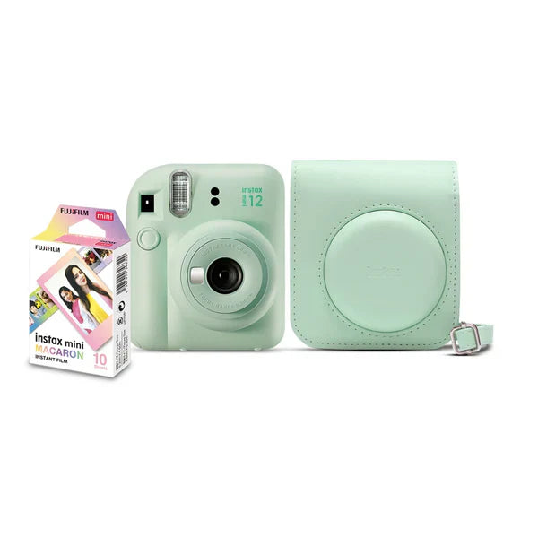 Kit Câmera Instantânea Instax Mini 12 Verde + Pack 10 filmes Macaron + Bolsa Verde Menta