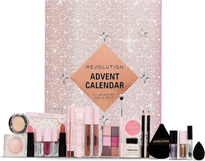 Revolution Beauty Calendário do Advento de Beleza para o Feriado de 24 peças, Conjunto de presente de maquiagem com brilho labial, máscaras labiais nutritivas, pincéis e gel para sobrancelhas, vegano e sem crueldade