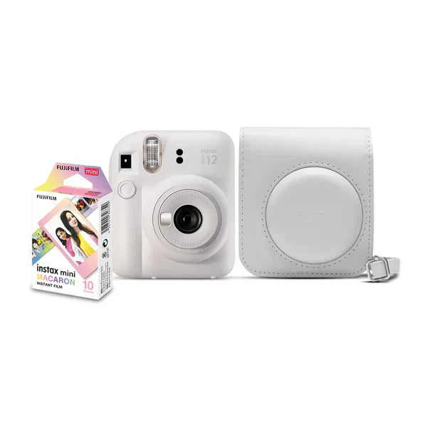 Kit Câmera Instantânea Instax Mini 12 Branca + Pack 10 filmes Macaron + Bolsa Branco Marfim