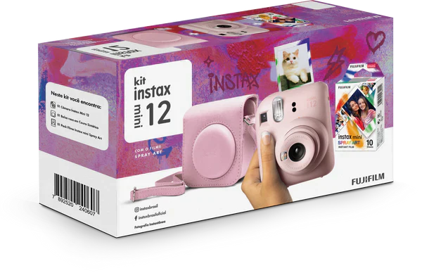 Kit Câmera Instantânea Kit Câmera Instantânea Instax Mini 12 Rosa + Pack 10 filmes Spray Art + Bolsa Rosa Gloss